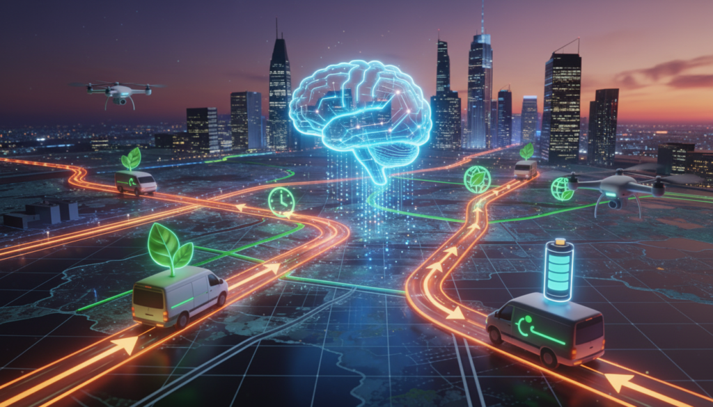 Autonomous Vehicle and Delivery Drone Route Optimization Map Powered by Logistics AI